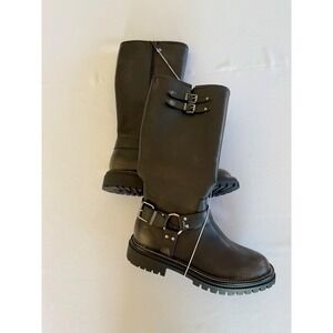 Altar'd State Maira Tall  Buckle Moto Chunky Biker Boots Size 8.5 Black Lug Sole